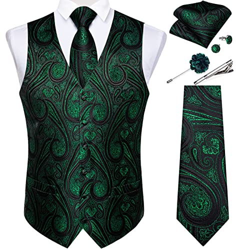 DiBanGu Herren Paisley Weste und Krawatte Einstecktuch Manschettenknöpfe Weste Anzug Set für Smoking, Glänzendes Grün, Medium von DiBanGu