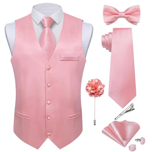 DiBanGu Herren Satin-Anzugweste und Krawatte, 8-teilig, solide Weste und Fliege mit Anstecknadel für Smoking, Kleid, Weste, Hochzeit, formelle Anlässe, Blush Pink, X-Large von DiBanGu