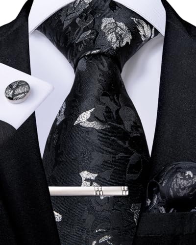 DiBanGu Herren Schwarz Krawatte Seiden Schwarz Silber Paisley Krawatte & Einstecktuch Manschettenknöpfe Krawattenklammer Geschenkbox Hochzeitsfeier Set von DiBanGu