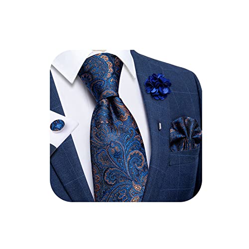 DiBanGu Herren Seide Krawatte und Anstecknadel Brosche Set Gewebte Einstecktuch Manschettenknöpfe Paisley Streifen Solide Krawatte Hochzeit Party Formal, Blau mit Paisley-Muster, Einheitsgröße von DiBanGu