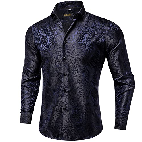 DiBanGu Herren Seide Paisley Kleid Hemden, gewebte Langarm Button Down Kleid Hemd mit Kragen Pin für Männer Hochzeit Party, Dunkelblaues, schwarzes Paisleymuster, Mittel von DiBanGu