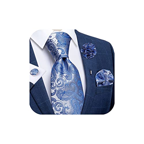 DiBanGu Herren Seidenkrawatte und Anstecknadel Brosche Set gewebt Einstecktuch Manschettenknöpfe Paisley Streifen Solide Krawatte Formale Hochzeit, Paisleymuster, Hellblau, Einheitsgröße von DiBanGu