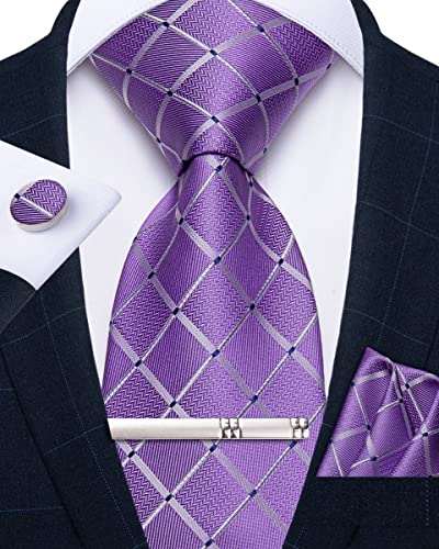 DiBanGu Herren Seidenkrawatten-Set, gestreift, kariert, Krawatte, Einstecktuch, Manschettenknöpfe und Krawattenklammer, Set für Business, Hochzeit, Party, violett, Einheitsgröße von DiBanGu