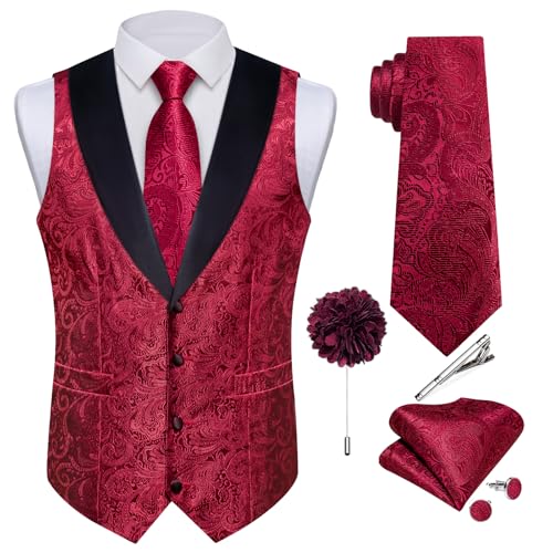 DiBanGu Herren-Seidenweste und Krawatte, 7-teilig, Paisleymuster, Anzugweste und Krawatte mit Anstecknadel für Hochzeit, Schalkragen, Kleid, Weste, Burgunder, X-Large DiBanGu Herren-Seidenweste und Krawatte, 7-teilig, Paisleymuster, Anzugweste und Krawatte mit Anstecknadel für Hochzeit, Schalkragen, Kleid, Weste, Burgunder, X-Large von DiBanGu