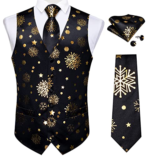 DiBanGu Weihnachtliche Herrenanzugweste und Krawatte Schneeflocke Weste Krawatte Einstecktuch Manschettenknöpfe Set Festival Party Geschenke, Weihnachten, Schwarz / Gold, XX-Large von DiBanGu