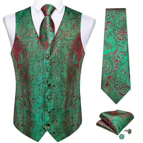 DiBanGu Herren Weihnachtsweste und Krawatte, Set Festival Weihnachten Schneeflocke Anzug Weste für Neujahr Xmas Party Formal, Grün Rot Paisley, M von DiBanGu