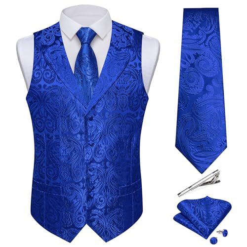 DiBanGu Herren Weste und Krawatte Set Seide Paisley Anzug Weste und Krawatte Einstecktuch Manschettenknöpfe mit Krawattenklammer für Hochzeit Party, Königsblau, Large von DiBanGu