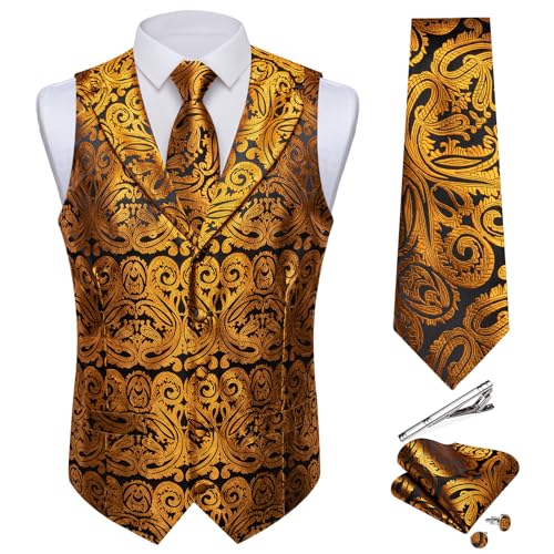 DiBanGu Herren Weste und Krawatte Set Seide Paisley Weste und Krawatte Einstecktuch Manschettenknöpfe mit Krawattenklammer für Hochzeit Party, Gelb, Schwarz, XX-Large von DiBanGu