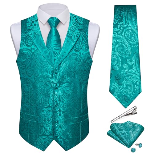 DiBanGu Herren Weste und Krawatte Set Seide Paisley Weste und Krawatte Einstecktuch Manschettenknöpfe mit Krawattenklammer für Hochzeit Party, Türkis/Ausflug, einfarbig (Getaway Solids), X-Large von DiBanGu