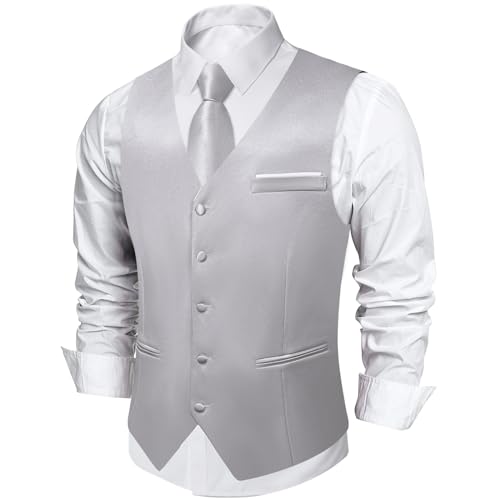DiBanGu Herren-Anzugweste und Krawatte, einfarbig, Satin, Krawatte, Hochzeit, Party, Freizeitkleid, Weste für Smoking, silber, Small von DiBanGu