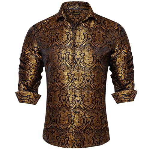 DiBanGu Herrenhemd, Seide, langärmelig, Knopfleiste, Paisleymuster, Hemd, Hemden für Männer, Party, Hochzeit, Schwarzes Gold Paisley, L von DiBanGu