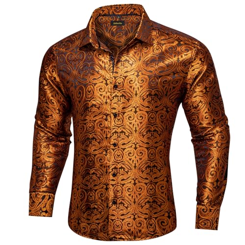 DiBanGu Herrenhemden aus Seide, Paisleymuster, gewebt, langärmelig, Button-Down-Hemd, mit Kragennadel für Herren, Hochzeit, Party, Burnt Orange Paisley, 3X-Groß von DiBanGu