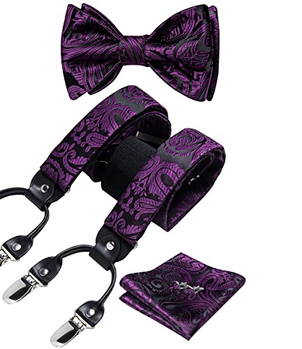 DiBanGu Hosenträger und Fliege für Herren Floral 6 Clips Y-Form Verstellbare Strapse Selbst-Fliege Einstecktuch Manschettenknopf-Set, Lila Paisley, Einheitsgröße von DiBanGu