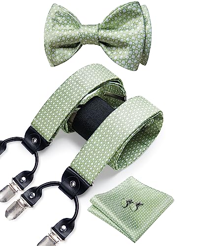 DiBanGu Hosenträger und Fliegen für Männer Floral 6 Clips Y-Form Verstellbare Hosenträger Selbst Fliege Pocket Square Manschettenknopf Set, Salbeigrün, Einheitsgröße von DiBanGu