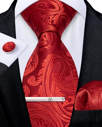 DiBanGu Krawatten für Männer Seide Rot Paisley Krawatten mit Taschentuch Manschettenknöpfe Krawattenklammer Set für Hochzeit Formell 5PCS von DiBanGu