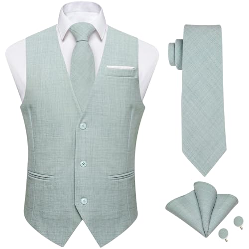 DiBanGu Leinen Herren Anzug Weste und Krawatte Set 4PCS Business Formal Kleid Weste Einfarbig Weste mit 3 Taschen S-3XL, Hellgrün, XX-Large von DiBanGu