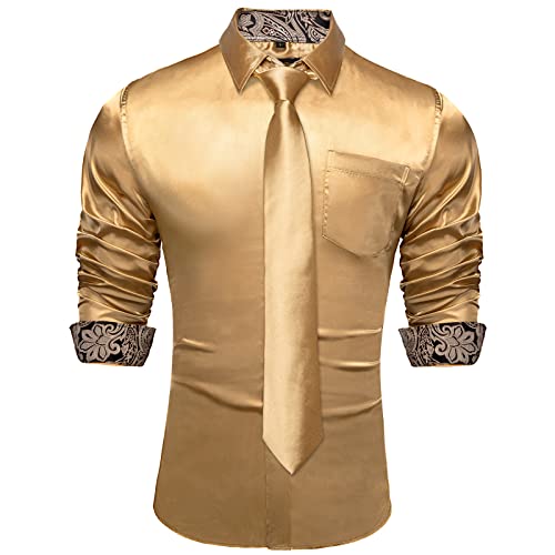 DiBanGu Luxuriöse Satin Herren Langarm Kleid Hemden mit Tasche Paisley Kragen Casual Button Down Hemd Krawatte Taschentuch, gold, Groß von DiBanGu