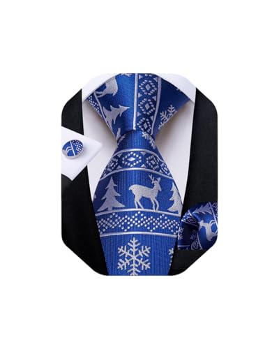 DiBanGu Mens Weihnachten Krawatte Set Lustige festliche Krawatte Gewebte Pocket Square Manschettenknöpfe Set mit Geschenkbox, Blau Weihnachtsbaum von DiBanGu