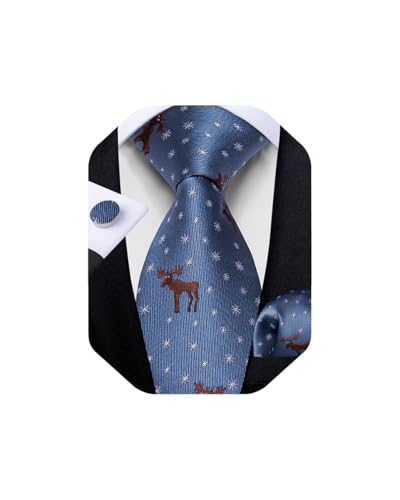 DiBanGu Mens Weihnachten Krawatte Set Lustige festliche Krawatte Gewebte Pocket Square Manschettenknöpfe Set mit Geschenkbox, Blau und Braun von DiBanGu