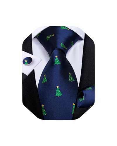 DiBanGu Mens Weihnachten Krawatte Set Lustige festliche Krawatte Gewebte Pocket Square Manschettenknöpfe Set mit Geschenkbox, Blau und Grün Weihnachtsbaum von DiBanGu
