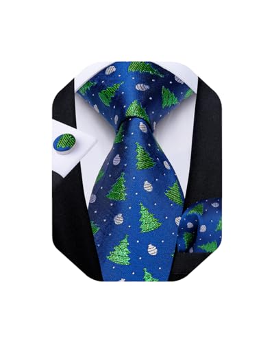 DiBanGu Mens Weihnachten Krawatte Set Lustige festliche Krawatte Gewebte Pocket Square Manschettenknöpfe Set mit Geschenkbox, Blau und Grün Weihnachtsbaum von DiBanGu