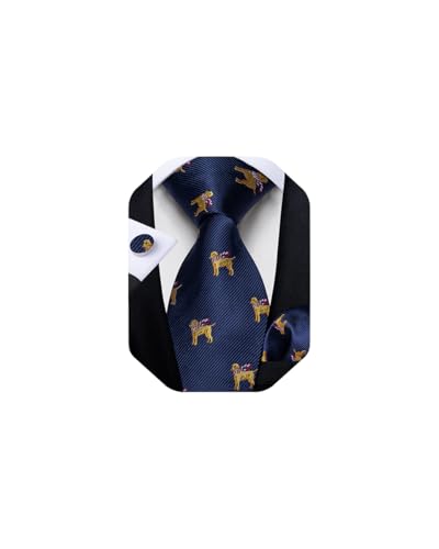 DiBanGu Mens Weihnachten Krawatte Set Lustige festliche Krawatte Gewebte Pocket Square Manschettenknöpfe Set mit Geschenkbox, Marineblau und Gold von DiBanGu