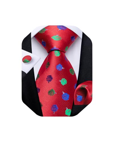 DiBanGu Mens Weihnachten Krawatte Set Lustige festliche Krawatte Gewebte Pocket Square Manschettenknöpfe Set mit Geschenkbox, Rot und Blau und Grün Polka Dot von DiBanGu