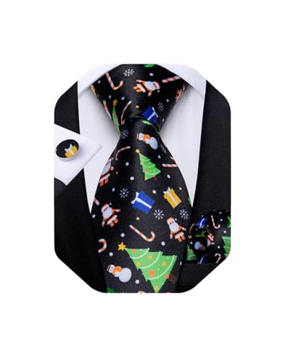 DiBanGu Mens Weihnachten Krawatte Set Lustige festliche Krawatte Gewebte Pocket Square Manschettenknöpfe Set mit Geschenkbox, Schwarz und Grün Weihnachtsbaum von DiBanGu