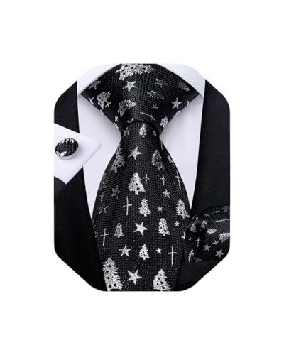 DiBanGu Mens Weihnachten Krawatte Set Lustige festliche Krawatte Gewebte Pocket Square Manschettenknöpfe Set mit Geschenkbox, Schwarz und Weiß Weihnachtsbaum von DiBanGu