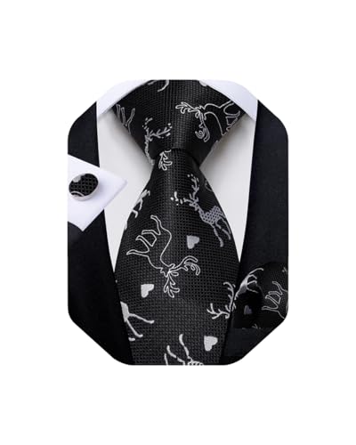 DiBanGu Mens Weihnachten Krawatte Set Lustige festliche Krawatte Gewebte Pocket Square Manschettenknöpfe Set mit Geschenkbox, Schwarz und Weiß Weihnachtsmoos von DiBanGu