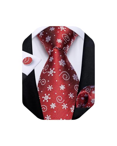 DiBanGu Mens Weihnachten Krawatte Set Lustige festliche Krawatte Gewebte Pocket Square Manschettenknöpfe Set mit Geschenkbox, Weiß Schneeflocke und Rot von DiBanGu