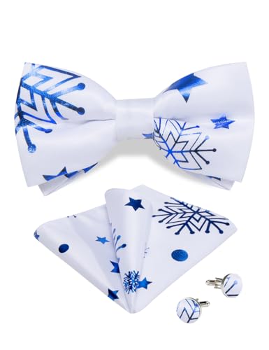 DiBanGu Mens Weihnachten Pre-Tied Fliege Seide Festival Fliege und Pocket Square Manschettenknopf Set für Weihnachtsfeier Urlaub, Weiß und blau von DiBanGu