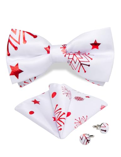 DiBanGu Mens Weihnachten Pre-Tied Fliege Seide Festival Fliege und Pocket Square Manschettenknopf Set für Weihnachtsfeier Urlaub, Weiß und rot von DiBanGu