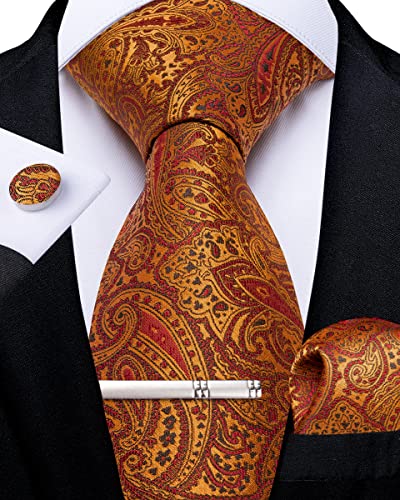 DiBanGu Orange Krawatte für Männer Seiden Paisley Krawatte & Einstecktuch Manschettenknöpfe Krawattenklammer Geschenkbox Hochzeitsfeier Set von DiBanGu