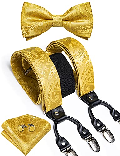 DiBanGu Paisley Fliege und Träger für Herren, Smoking, strapazierfähig, 6 Clips, Hosenträger, verstellbar, Y-Form, Herren-Hosenträger, 03 Gold, Einheitsgröße von DiBanGu