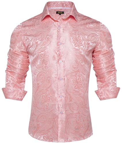 DiBanGu Paisley Herrenhemd, langärmelig, Knopfleiste, lässig, Seidenhemd für Herren, Hochzeit, Party, S-3XL, Blush Pink Paisley, L von DiBanGu