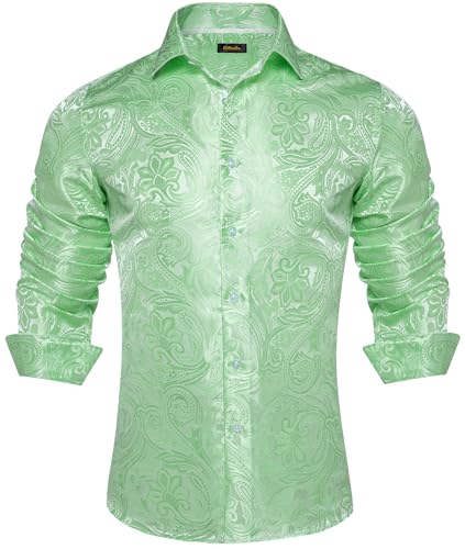 DiBanGu Paisley Herrenhemd, langärmelig, Knopfleiste, lässig, Seidenhemd für Herren, Hochzeit, Party, S-3XL, Hellgrün, 3X-Groß von DiBanGu