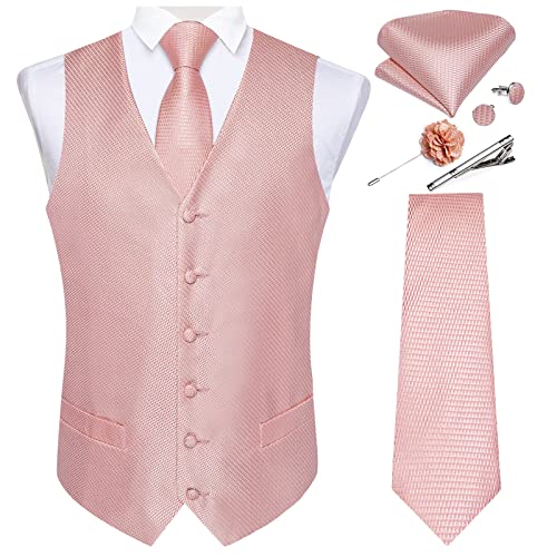 DiBanGu Paisley-Weste und formelle Krawatte mit Anstecknadel, Krawattenklammer, Herrenweste, Krawatten-Set, Seide, Einstecktuch, Manschettenknöpfe, Hochzeit, Business, Rosa (Solid Blush Pink), XXL von DiBanGu