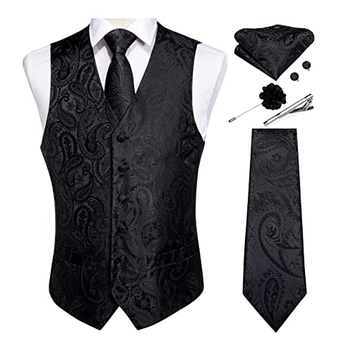 DiBanGu Paisley Weste und formelle Krawatte mit Revers Pin Brosche Krawattenklammer Herren Weste Krawattenset Seide Einstecktuch Manschettenknöpfe Hochzeit Business, Black Paisley, L von DiBanGu