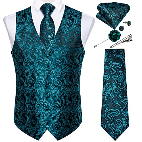 DiBanGu Paisley Weste und formelle Krawatte mit Reversnadel, Brosche, Krawattenklammer, Herrenweste, Krawatten-Set, Seide, Einstecktuch, Manschettenknöpfe, Hochzeit, Business, Blaugrünes Paisley, XL von DiBanGu