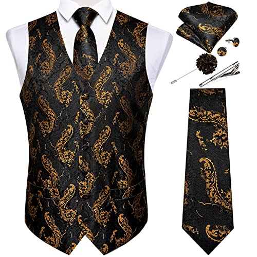 DiBanGu Paisley Weste und formelle Krawatte mit Reversnadel, Brosche, Krawattenklammer, Herrenweste, Krawatten-Set, Seide, Einstecktuch, Manschettenknöpfe, Hochzeit, Business, Schwarz,Gold Paisley, L von DiBanGu