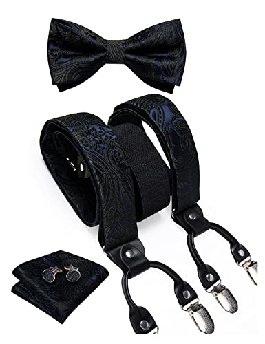 DiBanGu Paisleymuster Fliege und Spender Set für Herren, Smoking-Clip, Einstecktuch, Manschettenknöpfe, Hosenträger, 13 Marineblau, Einheitsgröße von DiBanGu