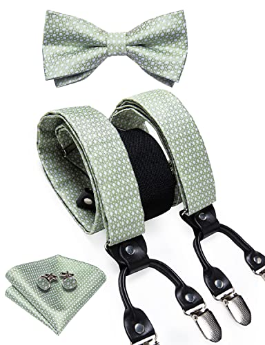 DiBanGu Paisleymuster Fliege und Supenders Set für Herren, Smoking-Clip, Einstecktuch, Manschettenknöpfe, Hosenträger, 04 Salbeigrün, Einheitsgröße von DiBanGu