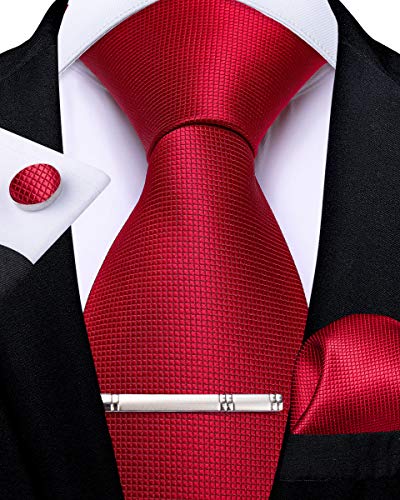 DiBanGu Herren Seide Rot Krawatte Set Einfarbig Krawatte für Herren Einstecktuch Manschettenknöpfe Krawattenklammer Set Formelle Geschäftsfeier von DiBanGu