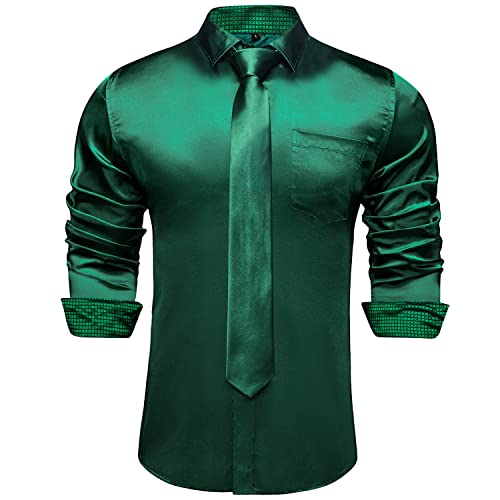 DiBanGu Satin Hemd und Krawatten Sets für Herren Innenkontrast Herren Kleid Shirts Langarm Herren Casual Button-Down Shirts, Hunter Green, L von DiBanGu