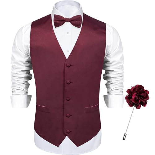 DiBanGu Satin-Weste und Fliege für Herren, Anstecknadel-Set für Anzug oder Smoking, solide Weste und vorgebundene Fliege für Hochzeitsfeier, Satin, Weinrot, XXX-Large von DiBanGu