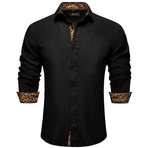 DiBanGu Schwarzes Herrenhemd, langärmelig, Button-Down-Shirt, normale Passform, Innenkontrast, Baumwollhemd, S-3XL, Goldfarbenes Blumenmuster, Mittel von DiBanGu