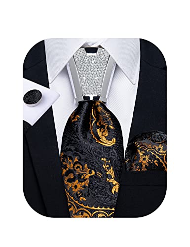 DiBanGu Seide Herren Krawatte Set Jacquard Gewebte Krawatten und Einstecktuch Mode Krawatte und Taschentuch Manschettenknöpfe Krawatte Zubehör, Schwarz Gold, Einheitsgröße von DiBanGu