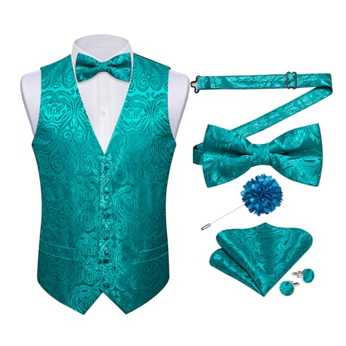 DiBanGu Seiden-Paisley-Weste für Herren, formelle Anzugweste und Fliege, Reversnadel-Set, 7-teilig, Weste für Anzug oder Smoking, Blaugrün/Ein Hauch von Paradies (Trace of Paradise), Small von DiBanGu