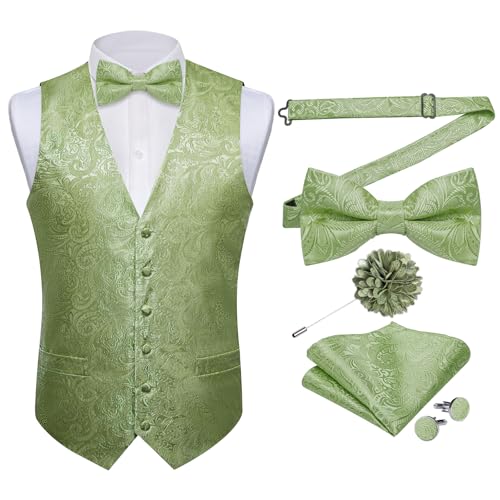 DiBanGu Seiden-Paisley-Weste für Herren, formelle Anzugweste und Fliege, Reversnadel-Set, 7-teilig, Weste für Anzug oder Smoking, Salbeigrün, Large von DiBanGu